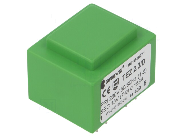 Transformator: ingegoten; 2,3VA; 230VAC; 15V; 153mA; PCB; IP00; TEZ Transformator: ingegoten; 2,3VA; 230VAC; 15V; 153mA; PCB; IP00; TEZ